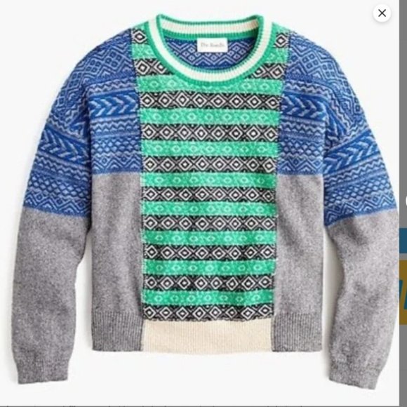 J. Crew The Reeds Fair Isle Crewneck Wool Blend Colorblock Blue/Green/Gray XS - Picture 1 of 4